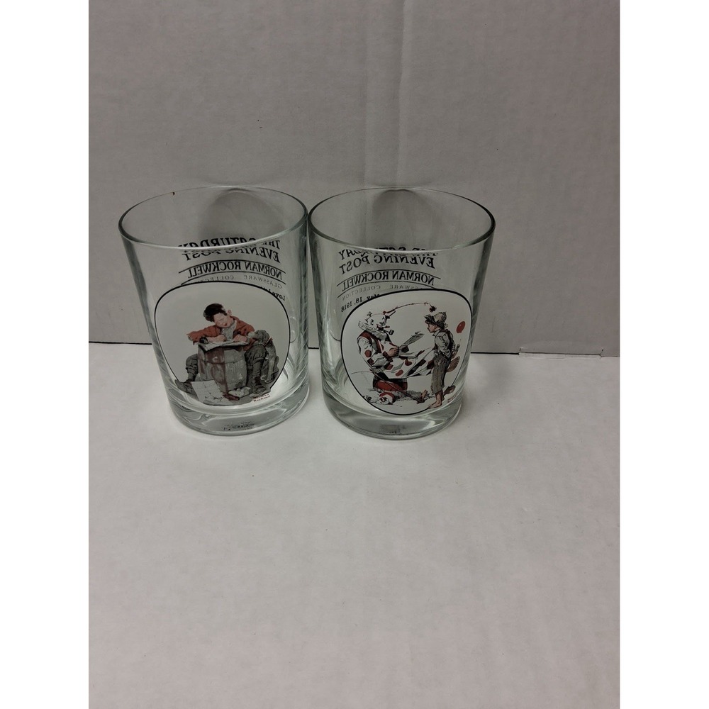 Norman Rockwell lowball Glasses Set of 2, VTG Saturday Evening Post, Barware